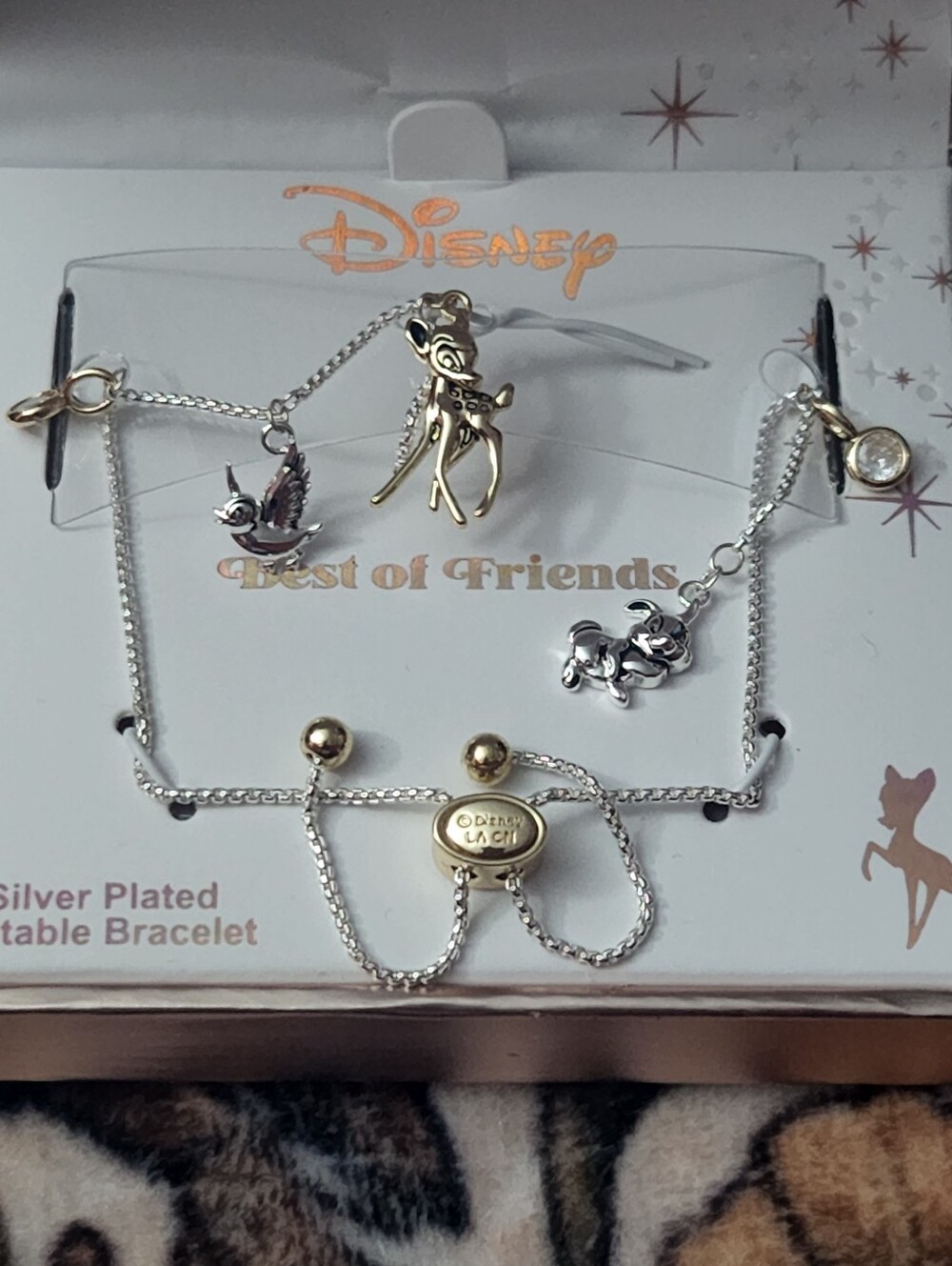NWT Disney Bambi "Best of Friends" Silver Plated Bolo Charm Bracelet